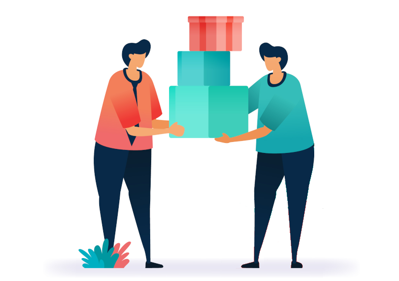 illustration of person giving gift boxes to another person